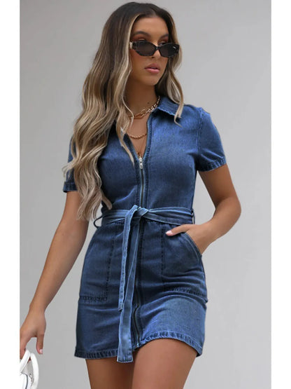 Full Size Zip Front Short Sleeve Denim Dress Plus Size Dark Blue