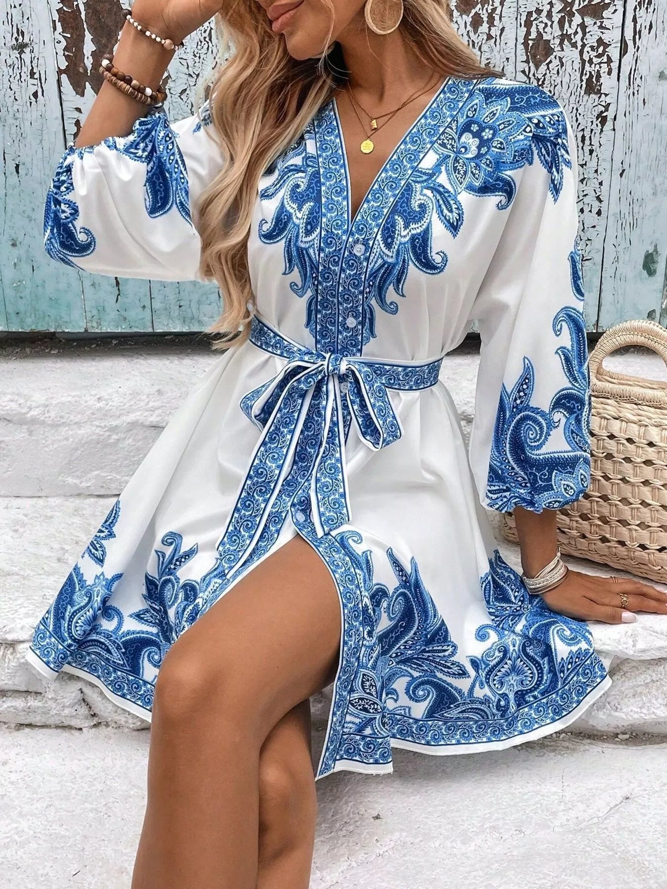Printed Balloon Sleeve Mini Dress Blue