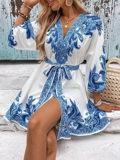 Printed Balloon Sleeve Mini Dress Blue