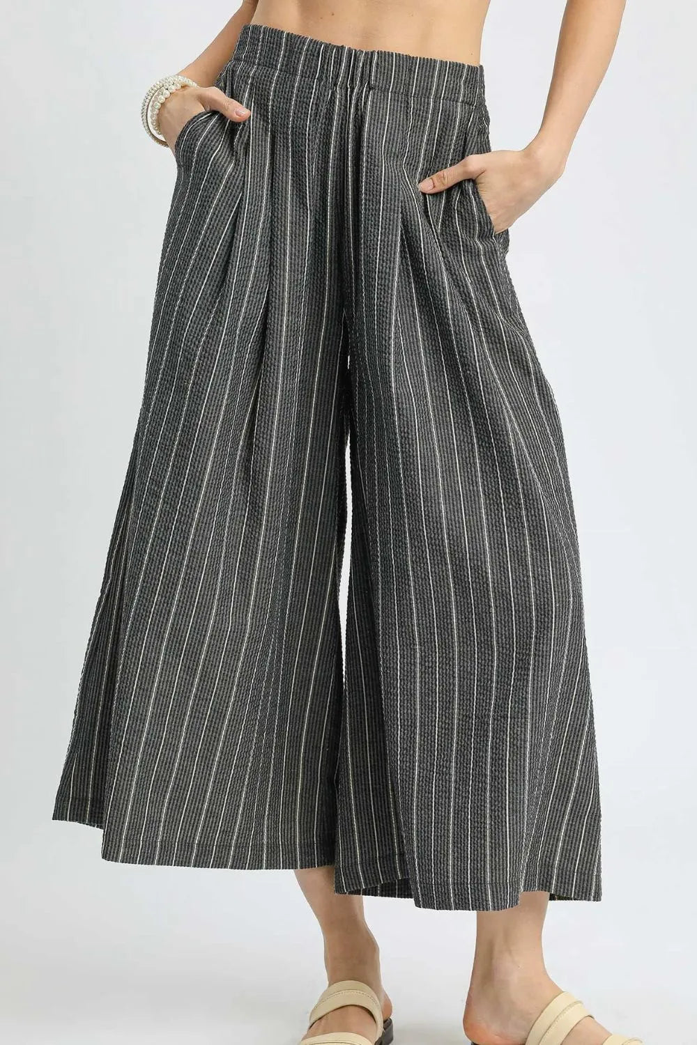 Umgee Pinstripe Crop Palazzo Pants Black