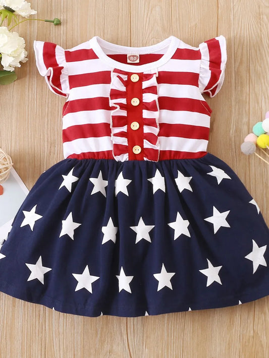 Striped & Stars Ruffled Round Neck Cap Sleeve Dress Red Blue White