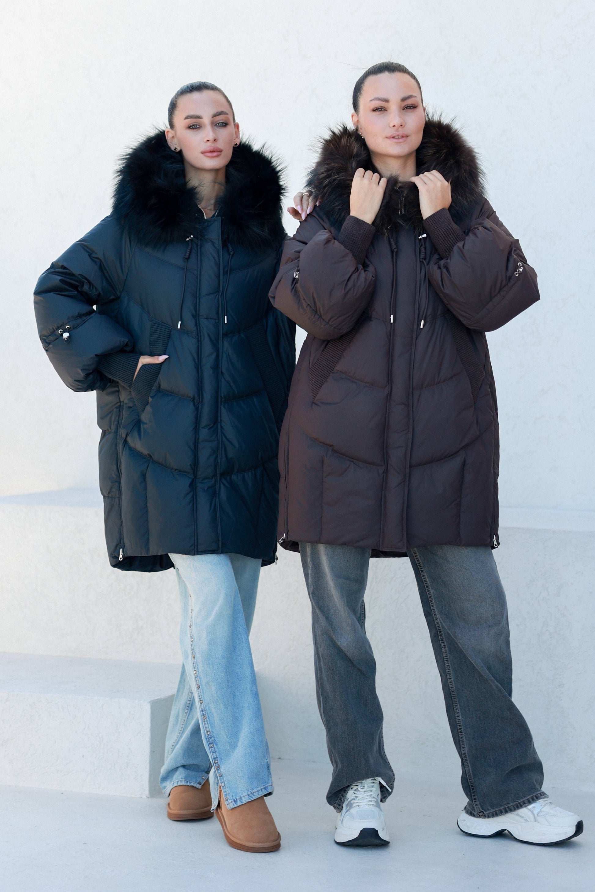 Celeste Genuine Fur Trim Down Fill Coat in Fig