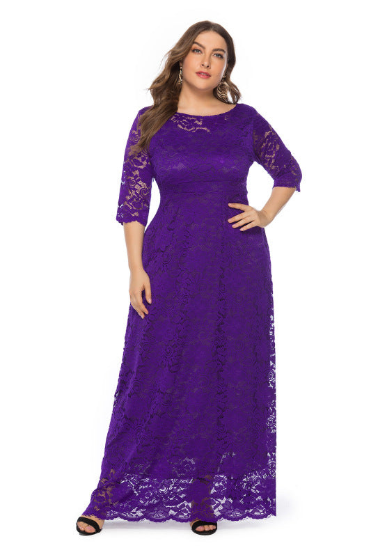 Plus size women's new elegant lace dress Dark purple