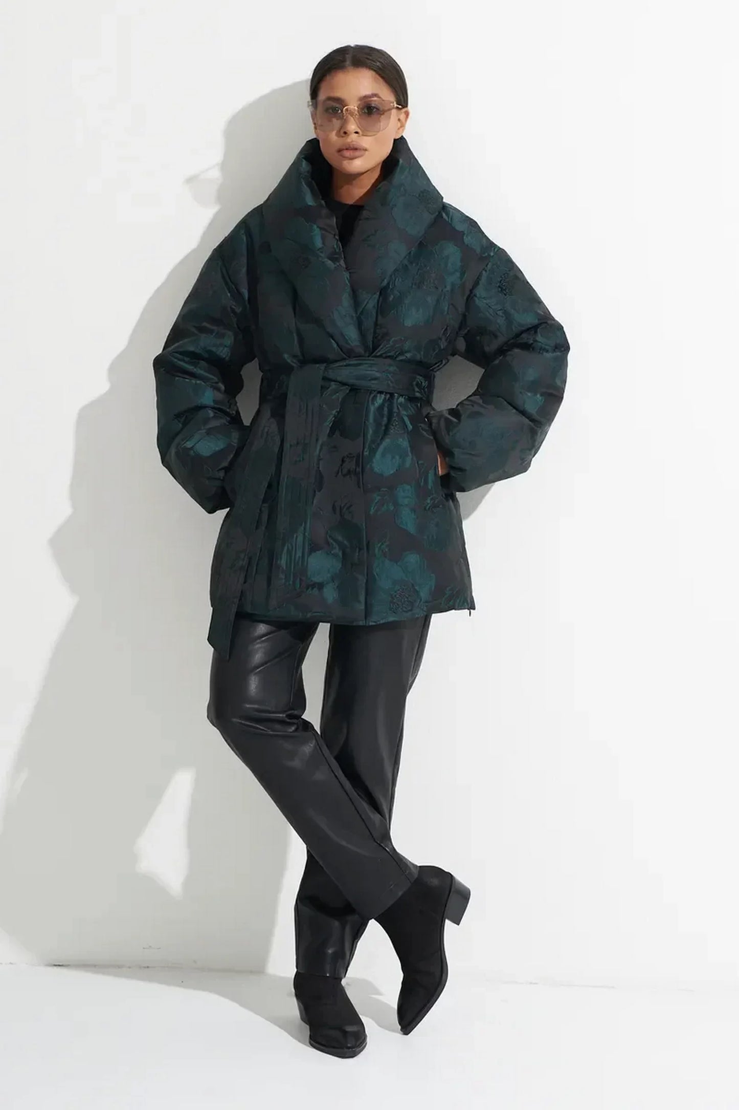 Monochrome Jacquard Down Coat in Vintage Emerald Vintage Emerald
