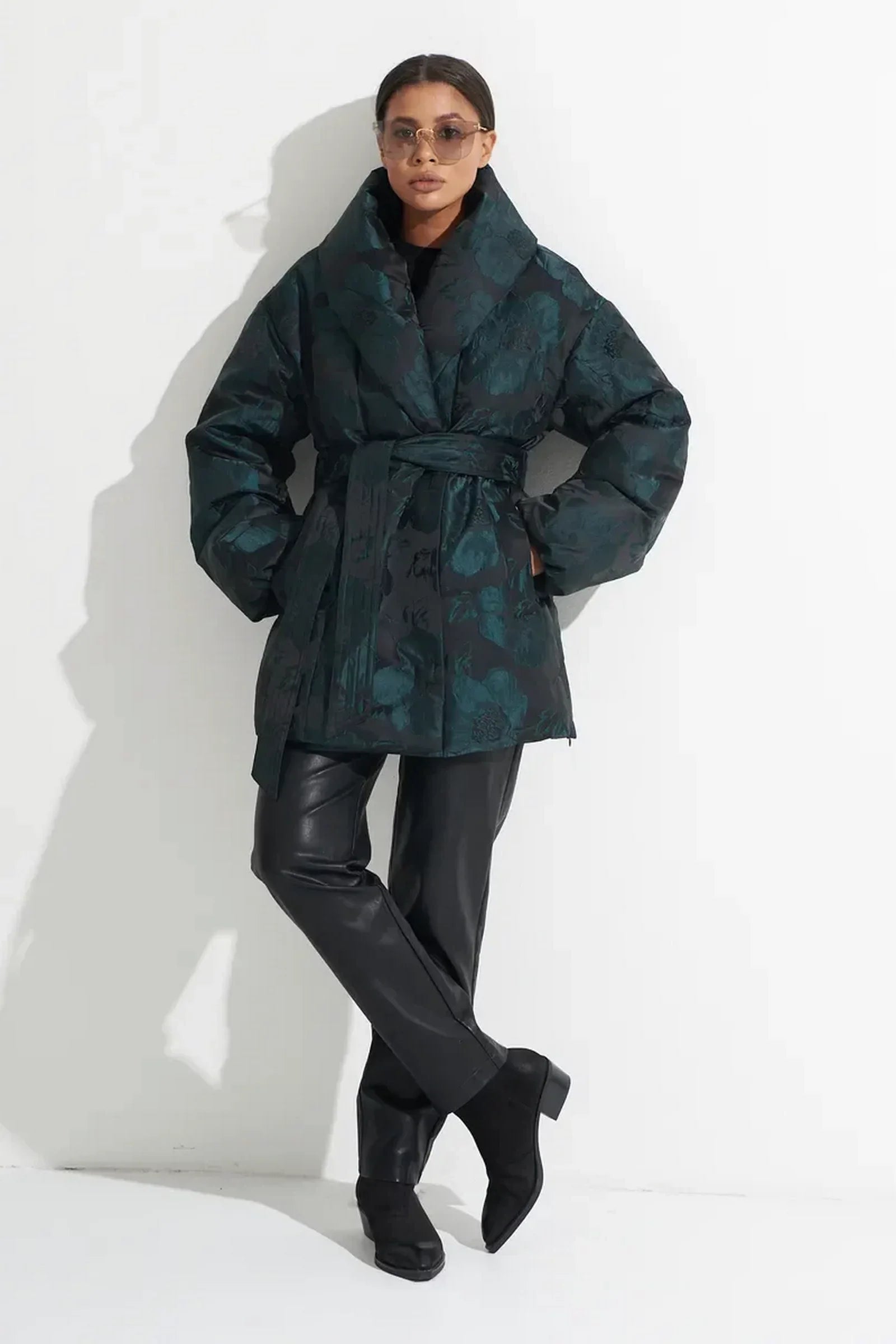 Monochrome Jacquard Down Coat in Vintage Emerald Vintage Emerald