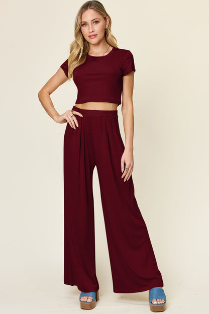 Slightly Stretchy Round Neck Top & Pants Set Cerise