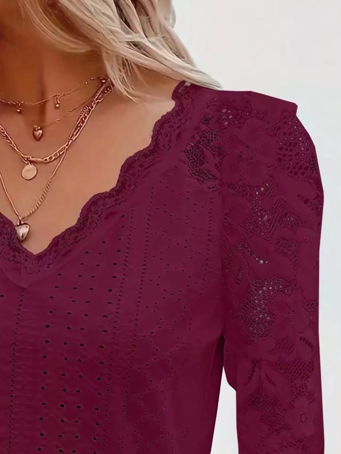 Eyelet Lace Sleeve V-Neck Blouse