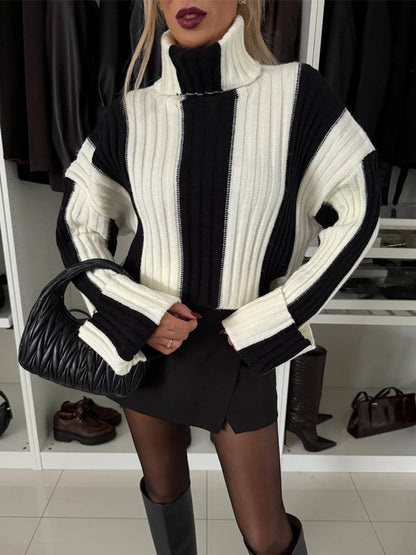 Striped Turtleneck Dropped Shoulder Sweater Black
