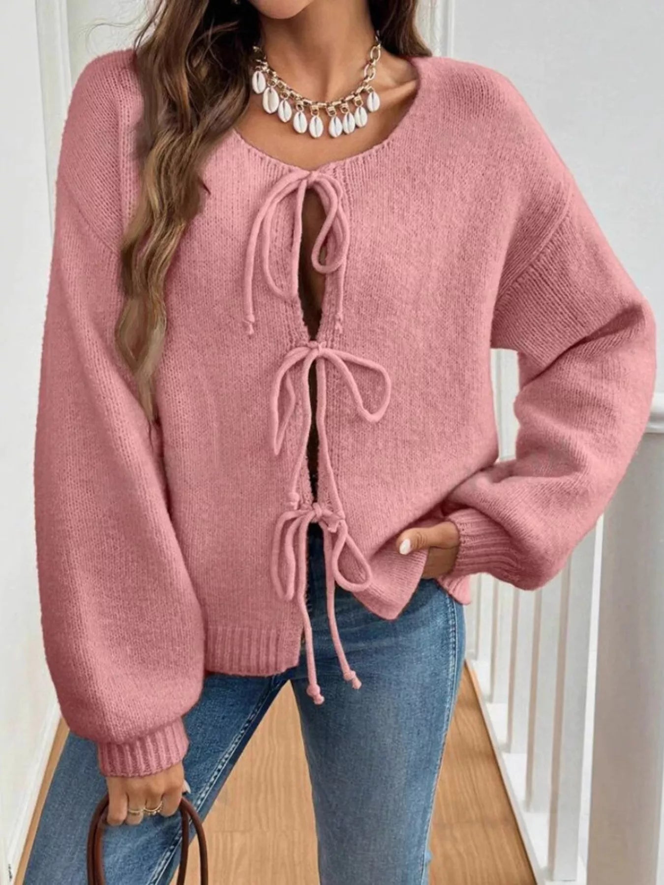 Tie-Front Long Sleeve Cardigan Pink