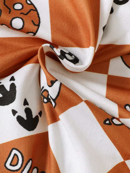 Children's Dinosaur Checkered Sleeveless Hooded Top and Shorts Set