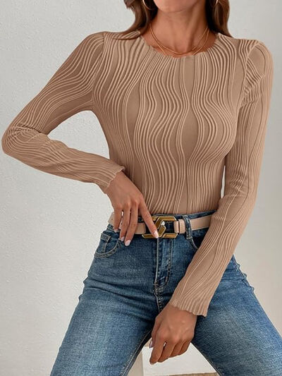 Textured Round Neck Long Sleeve Top Camel
