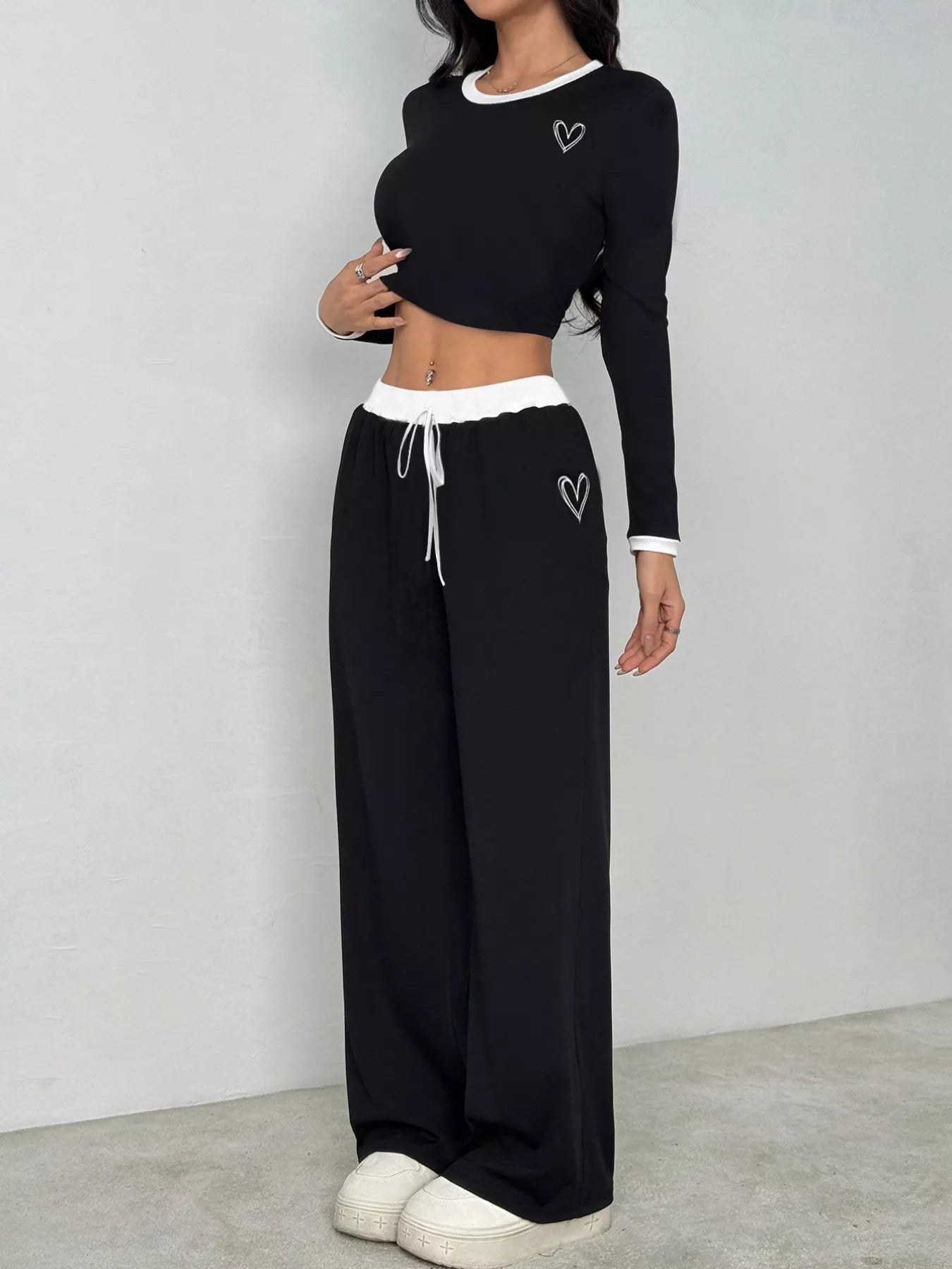 Contrast Trim Crop Top and Wide Leg Pants Set