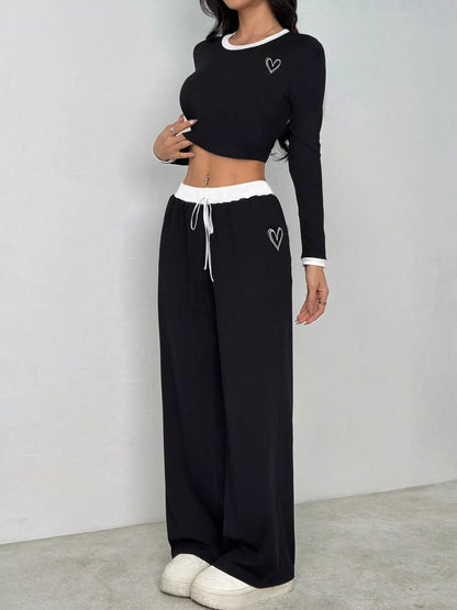 Contrast Trim Crop Top and Wide Leg Pants Set