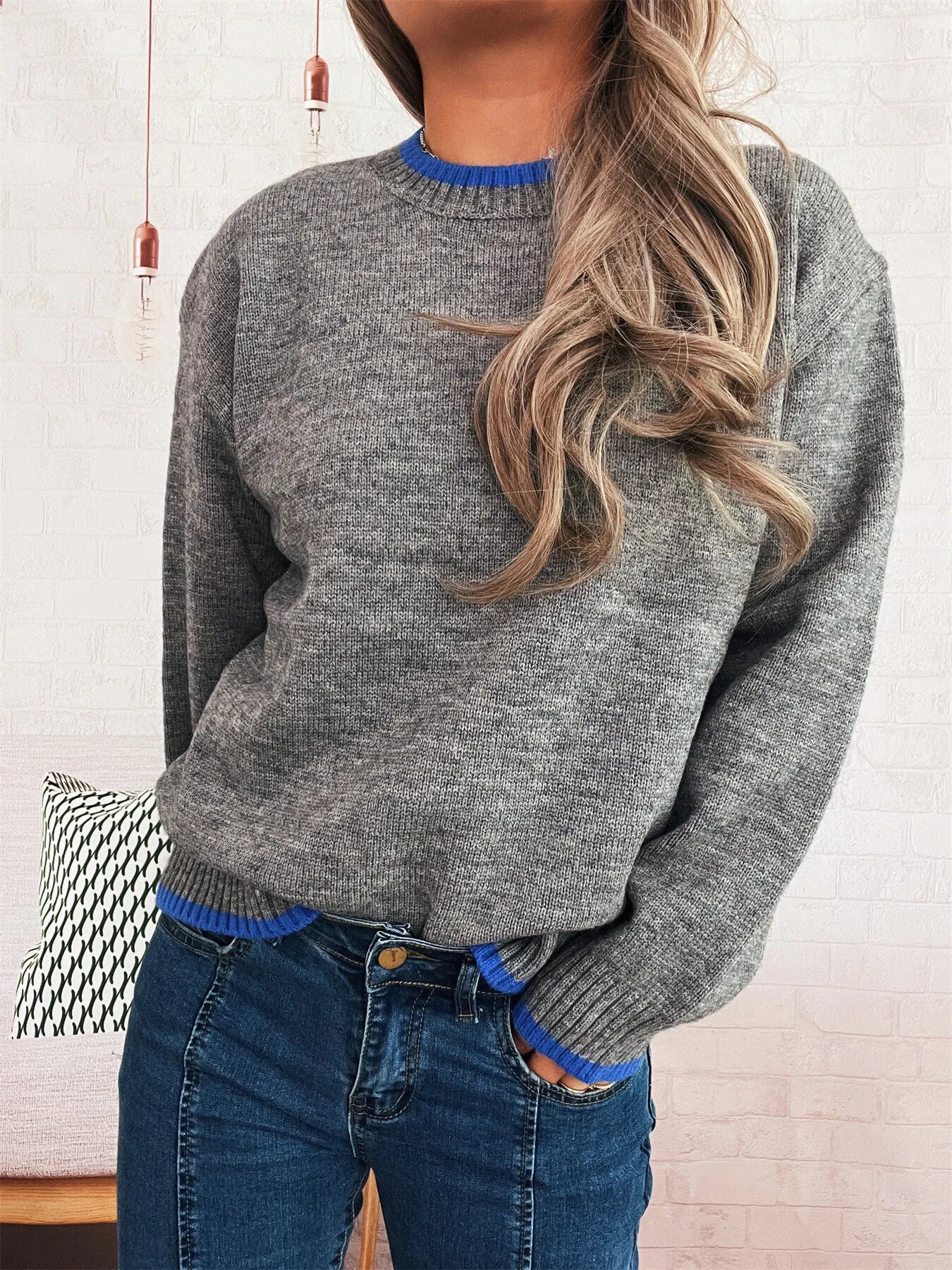 Ribbed Contrast Trim Long Sleeve Sweater