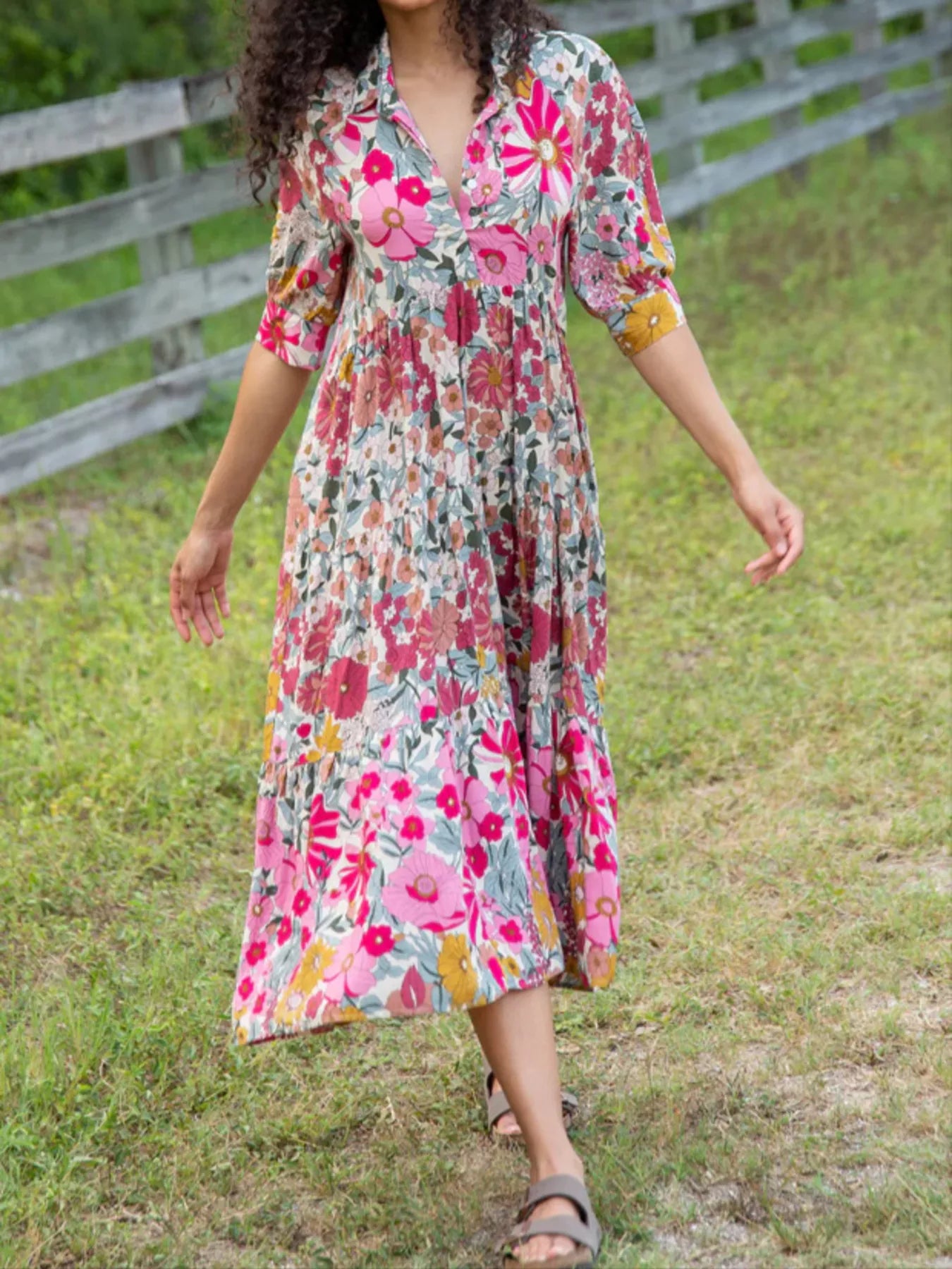 Full Size Printed Half Sleeve Midi Dress Plus Size Pink