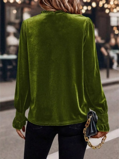 Velvet Ruffle Trim Blouse