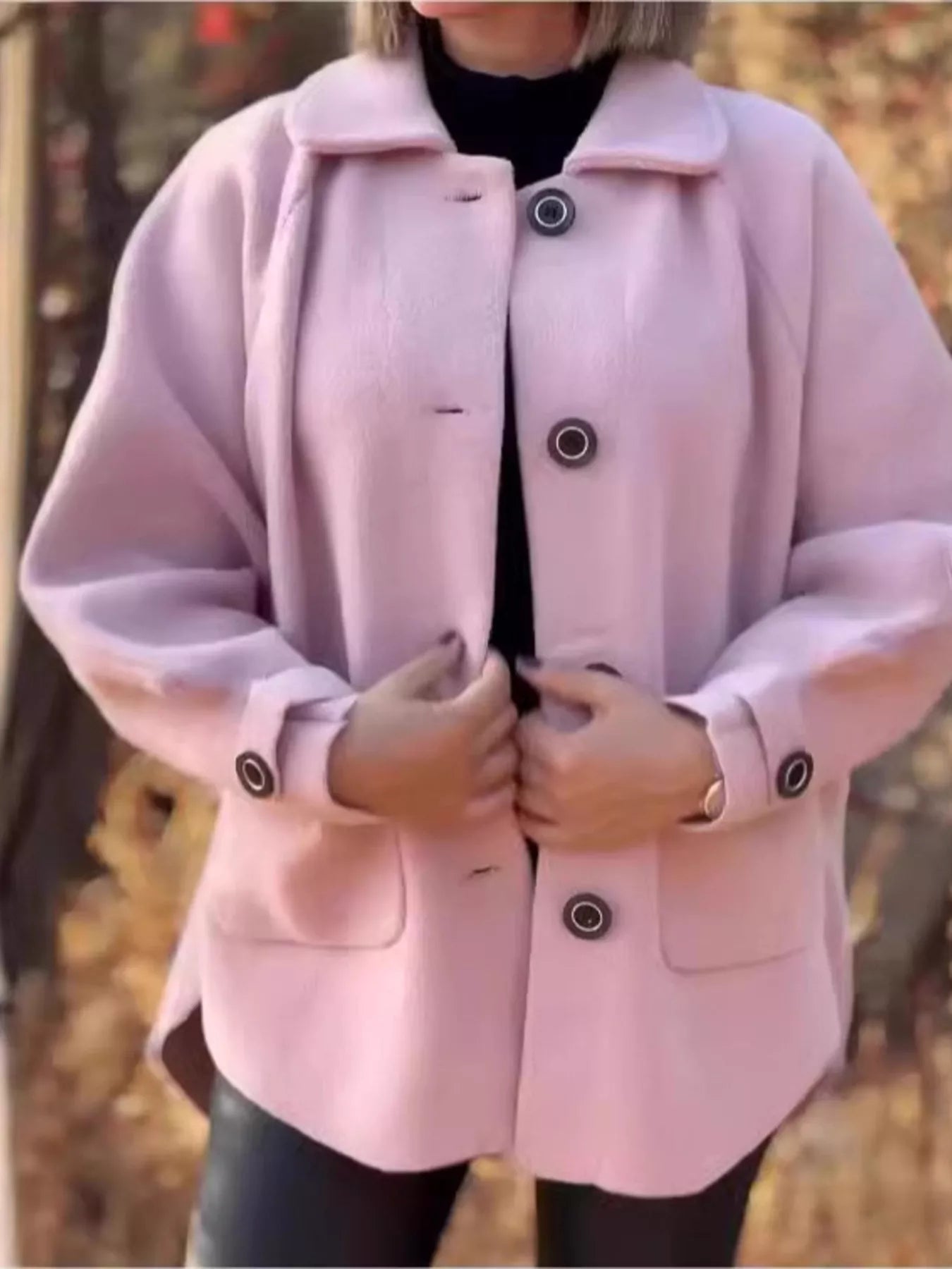 Full Size Button-Front Raglan Sleeve Coat Plus Size Pink