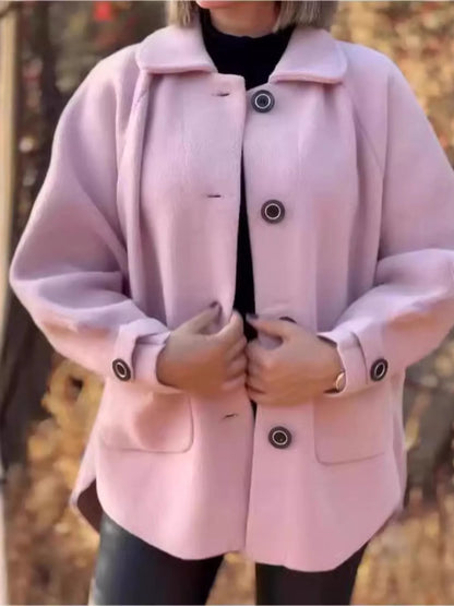 Full Size Button-Front Raglan Sleeve Coat Plus Size Pink