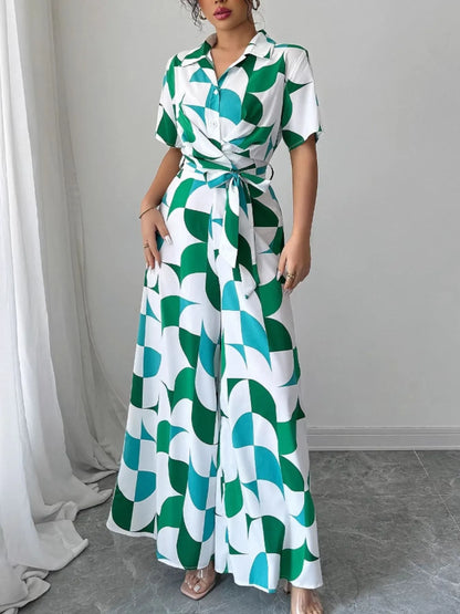 Printed Wide Leg Belted Jumpsuit Turquoise