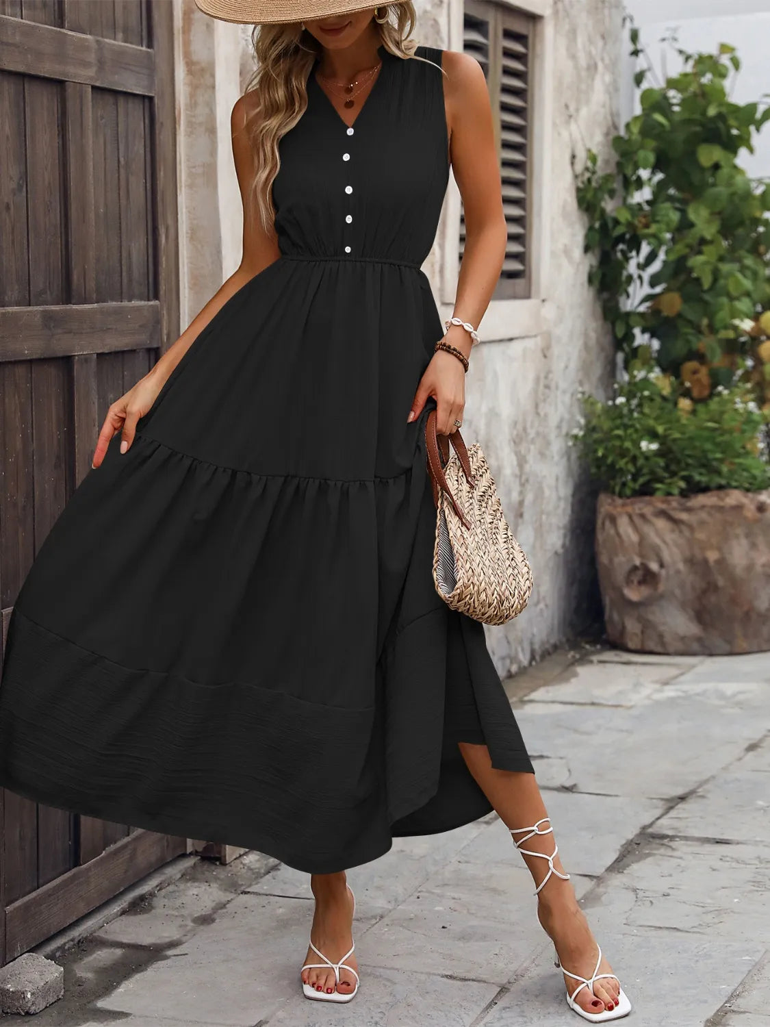 Notched Sleeveless Maxi Tank Dress