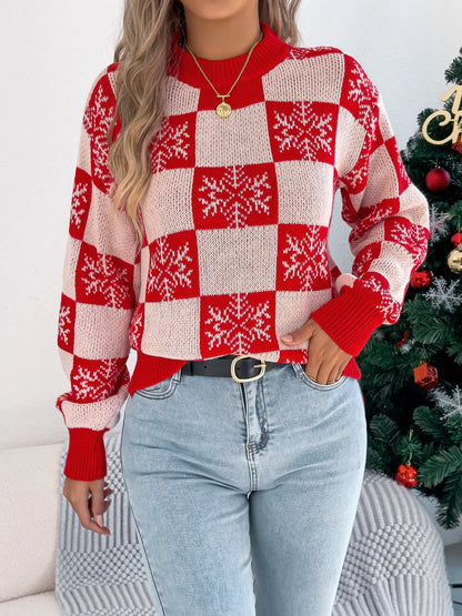 Christmas Snowflake Checkered Round Neck Sweater