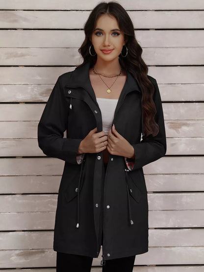 Drawstring Snap-Down Trench Coat Black