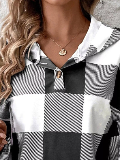 Casual Plaid Button Detail Hoodie