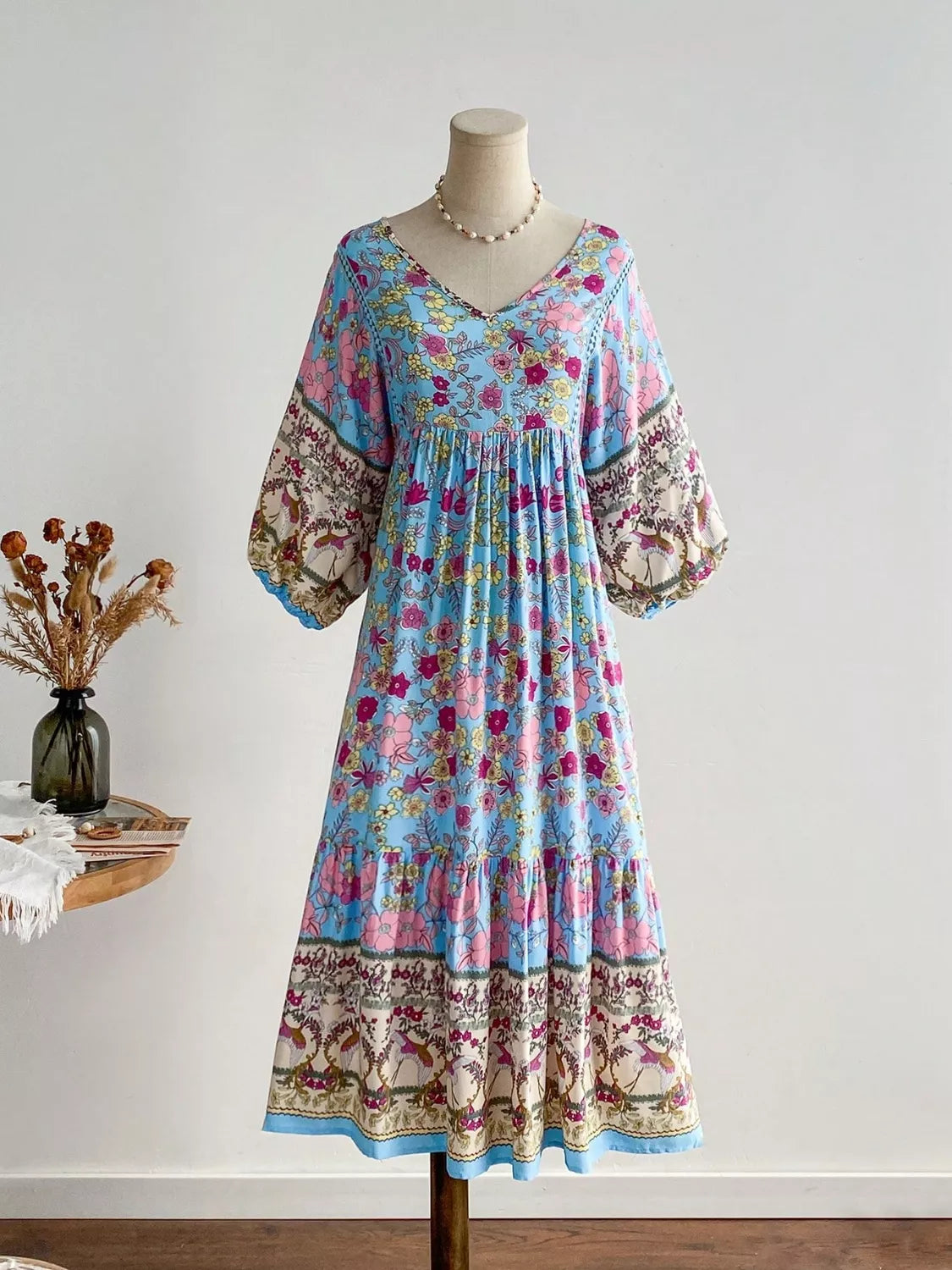 Plus Size Floral Print V-Neck Dress Light Blue