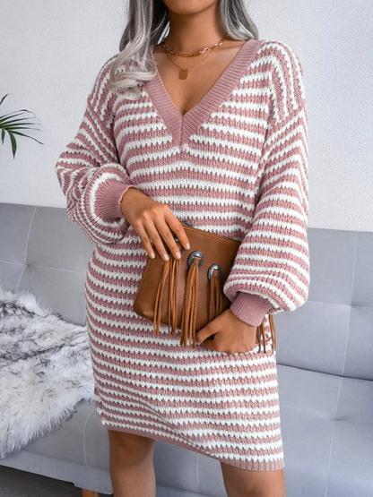 Striped V-Neck Long Sleeve Sweater Dress Pink