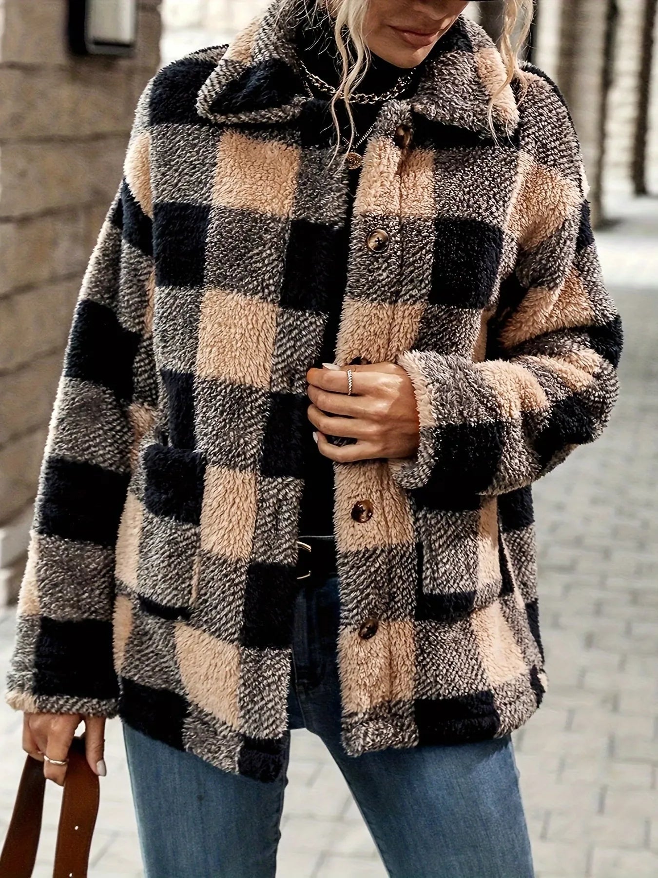 Plaid Sherpa Button-Down Outerwear Camel