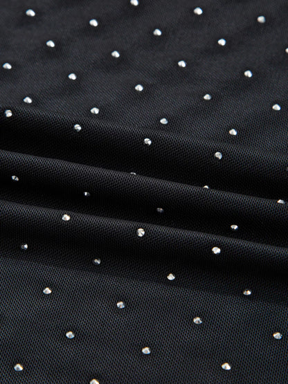 Rhinestone Embellished Mesh Long Sleeve Top