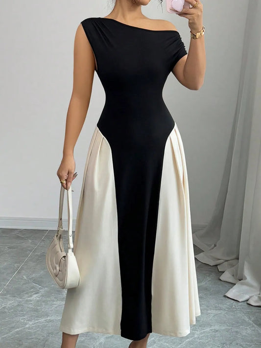 Contrast Single Shoulder Midi Dress Black