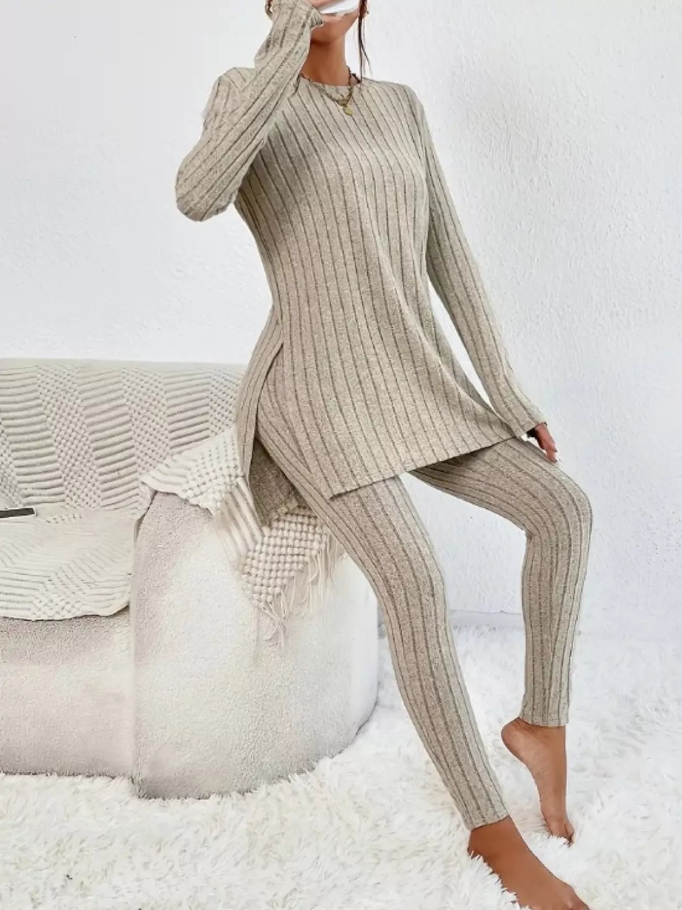 Side Slit Ribbed Top and Pants Set Apricot