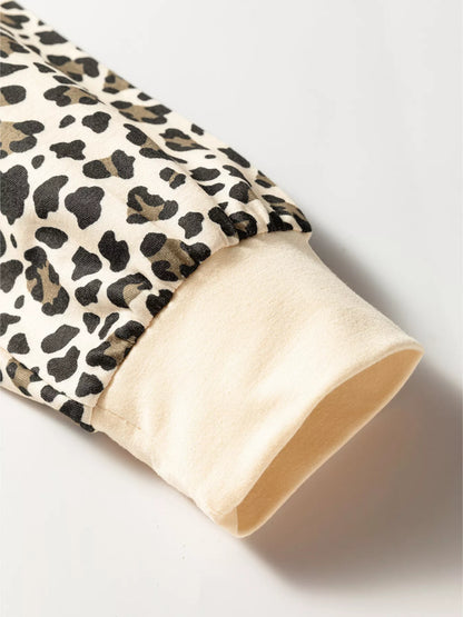 Leopard Print Contrast Trim Long Sleeve Pullover and Drawstring Shorts 2pcs Outfit