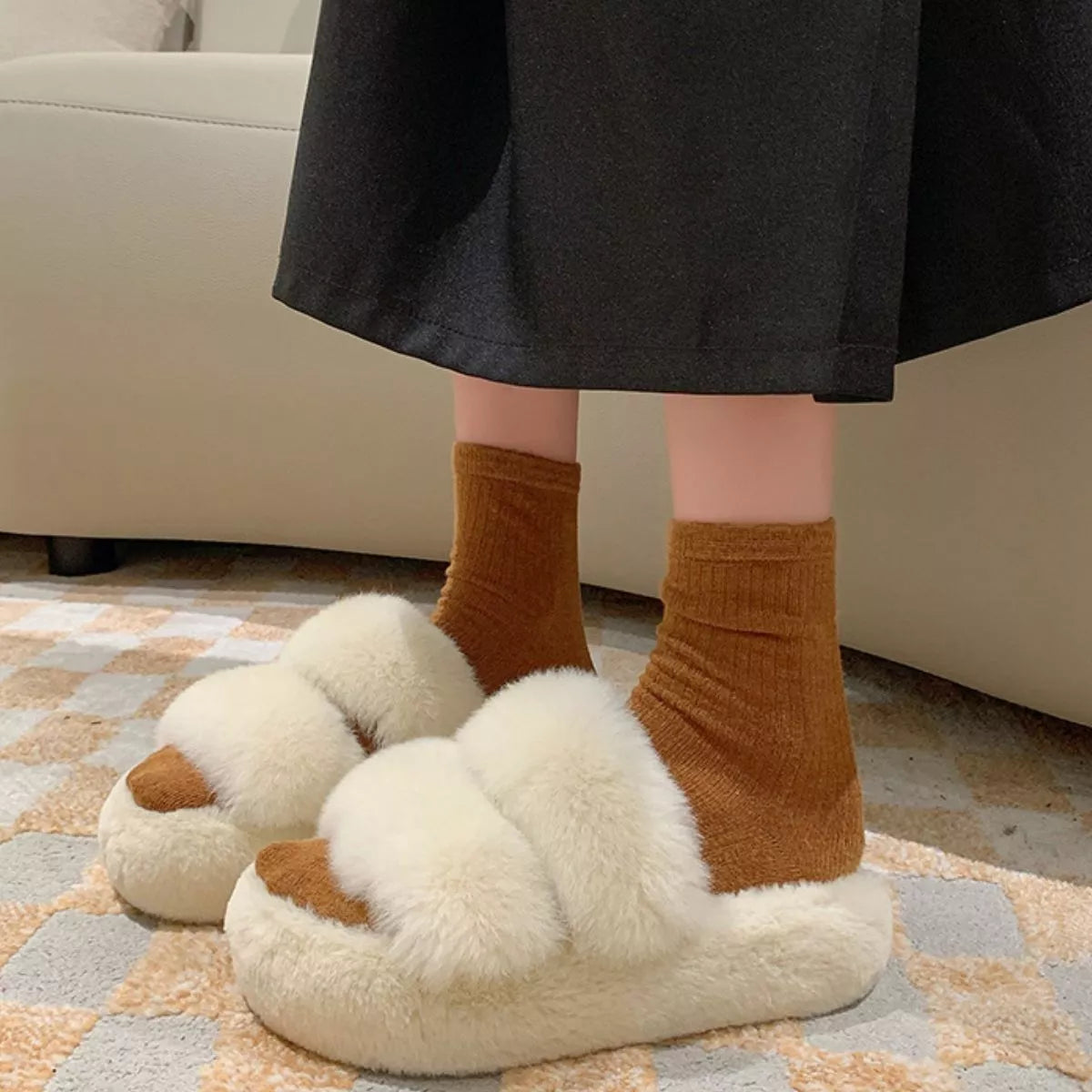 Fluffy Open Toe Slippers Beige