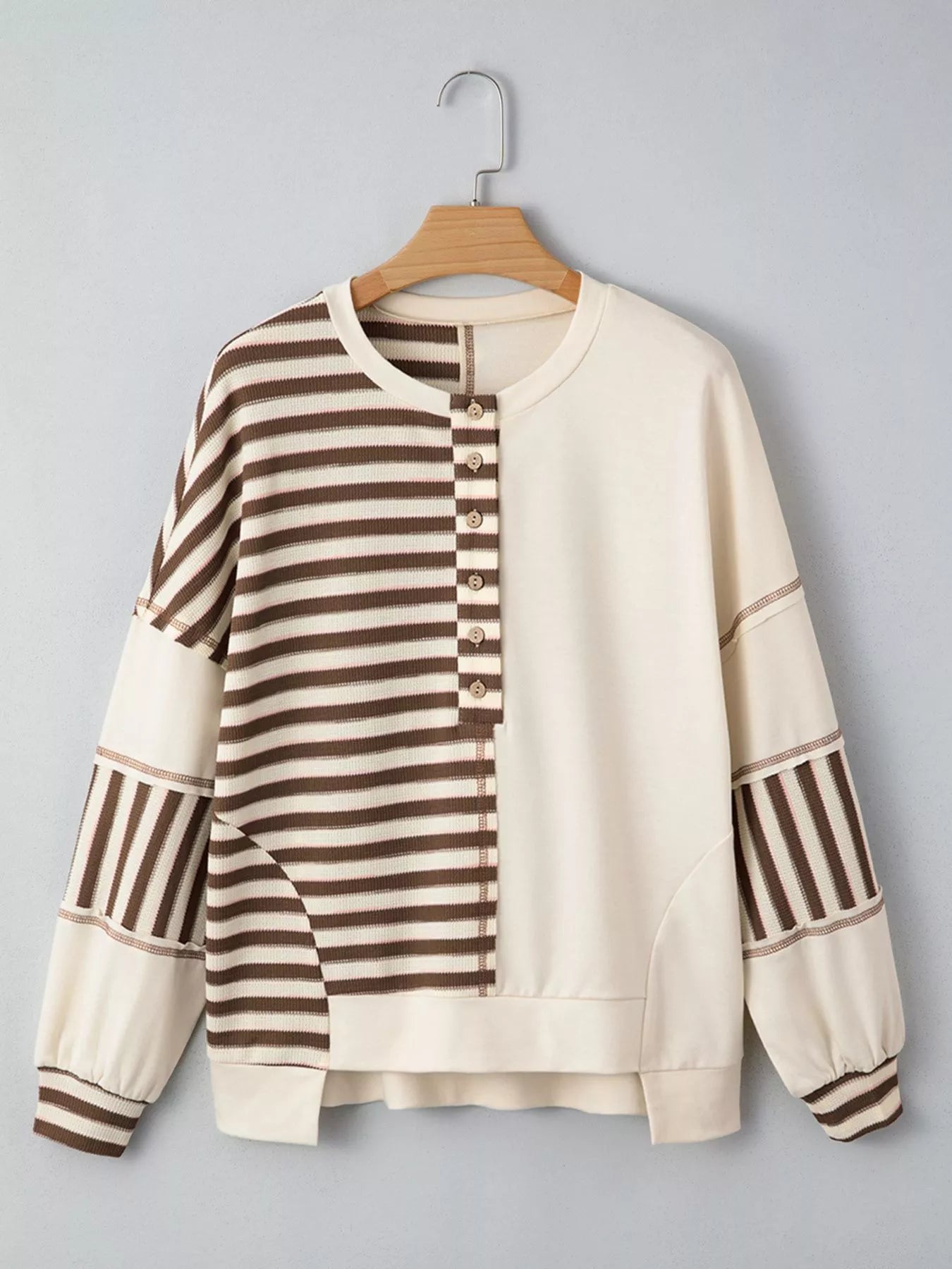 Stripe Stitched Detail Color Block Patchwork Oversized Top