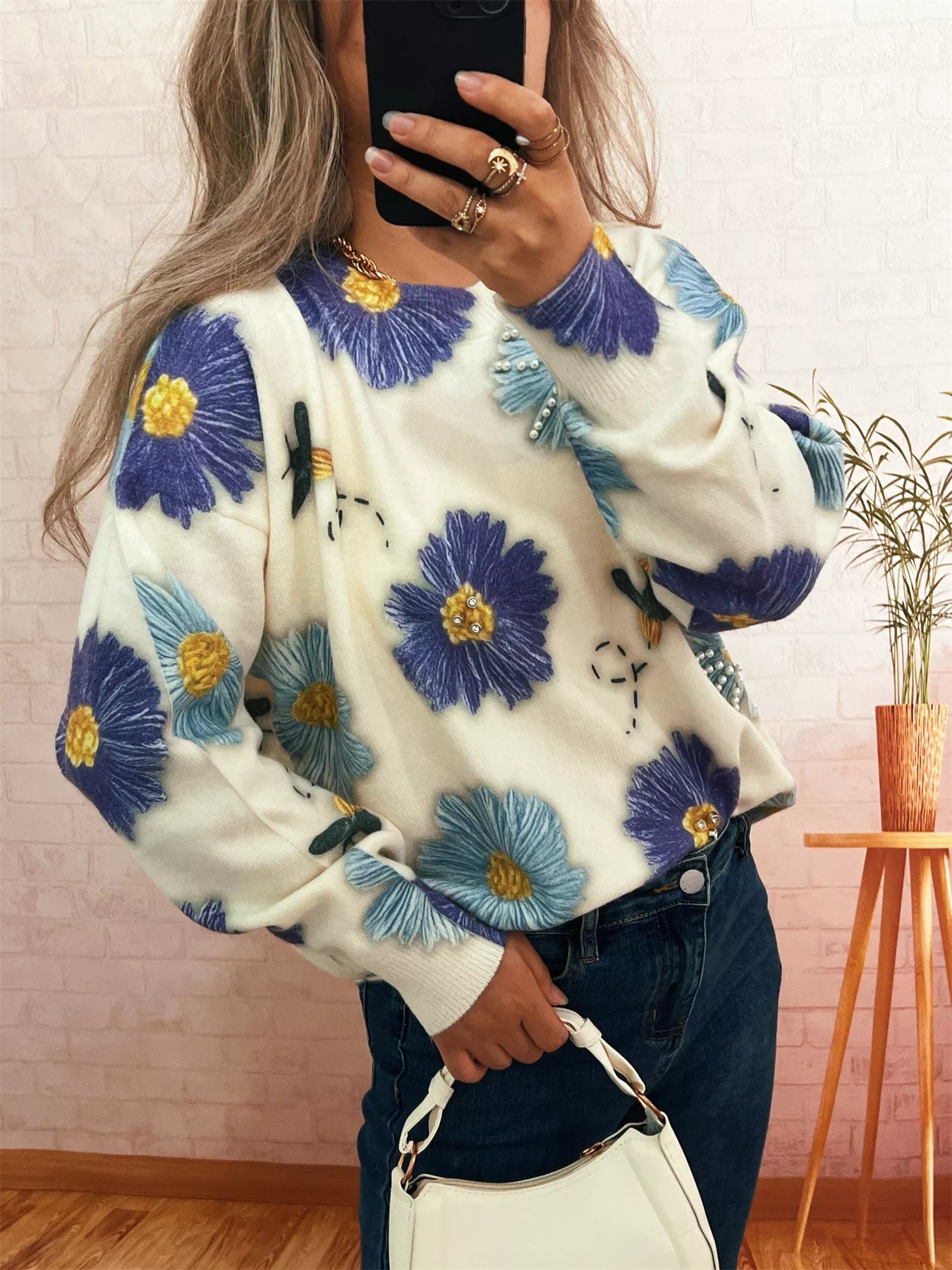 Pearl Detail Flower Round Neck Sweater