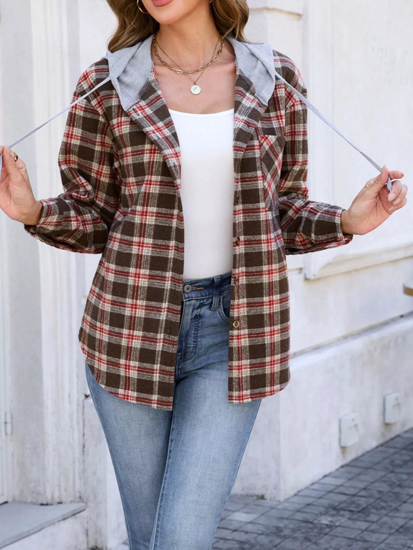 Hooded Plaid Button-Up Shacket