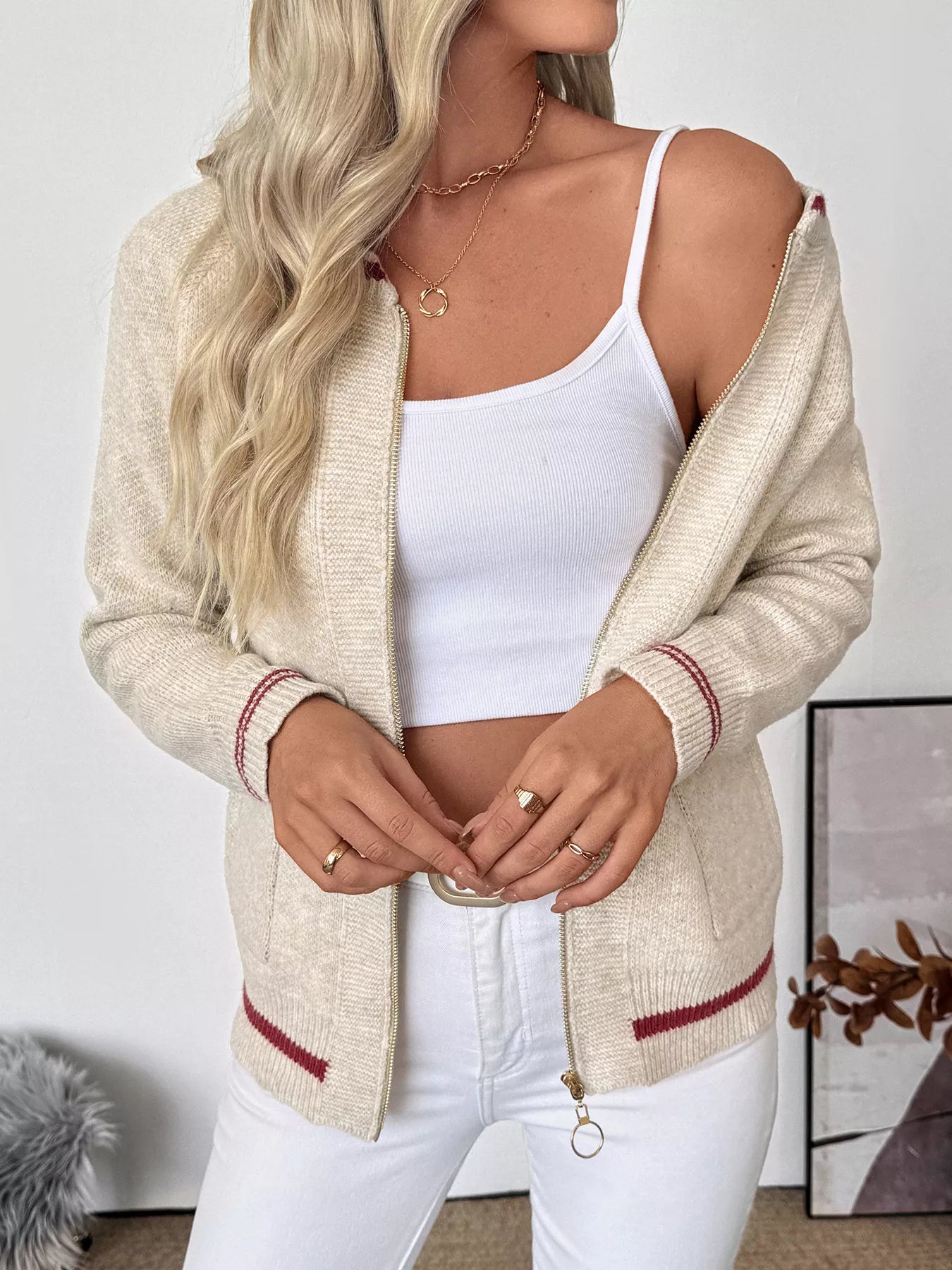 Zip Up Contrast Trim Cardigan
