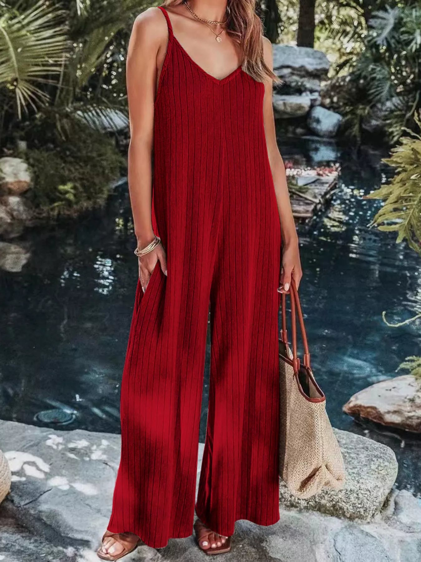 Ribbed V-Neck Wide Leg Jumpsuit Deep Red