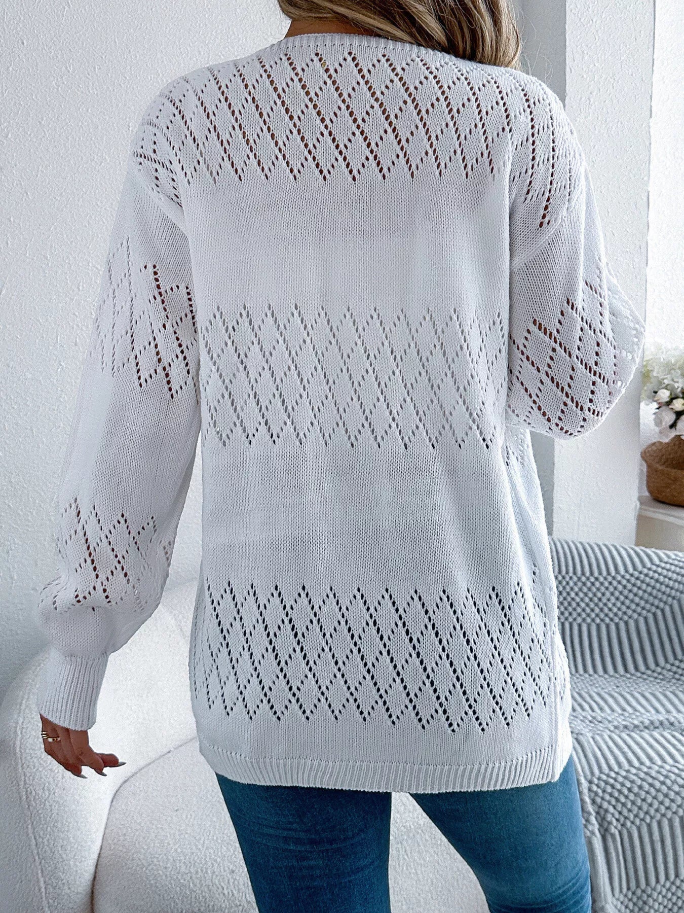 Openwork Open Front Long Sleeve Cardigan