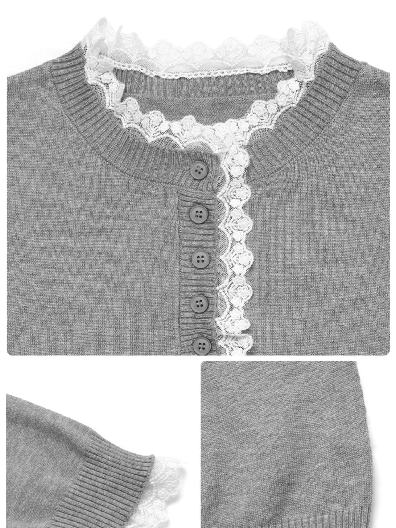 Lace Trim Button Detail Long Sleeve Knit Top