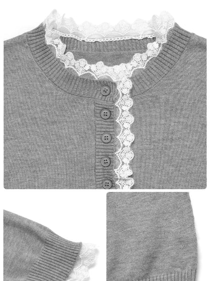 Lace Trim Button Detail Long Sleeve Knit Top