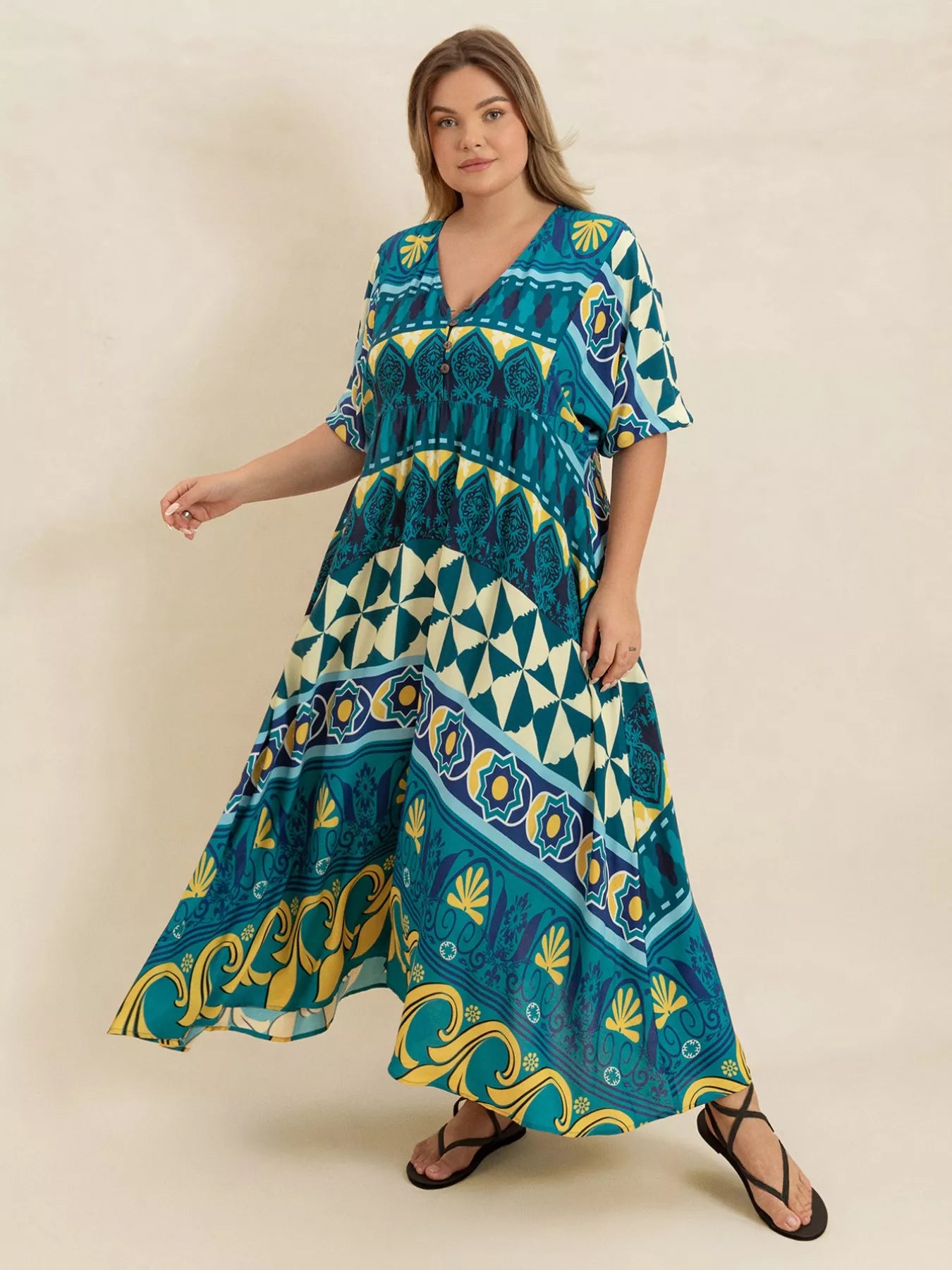 Plus Size Printed V-Neck Half Sleeve Midi Dress Deep Teal