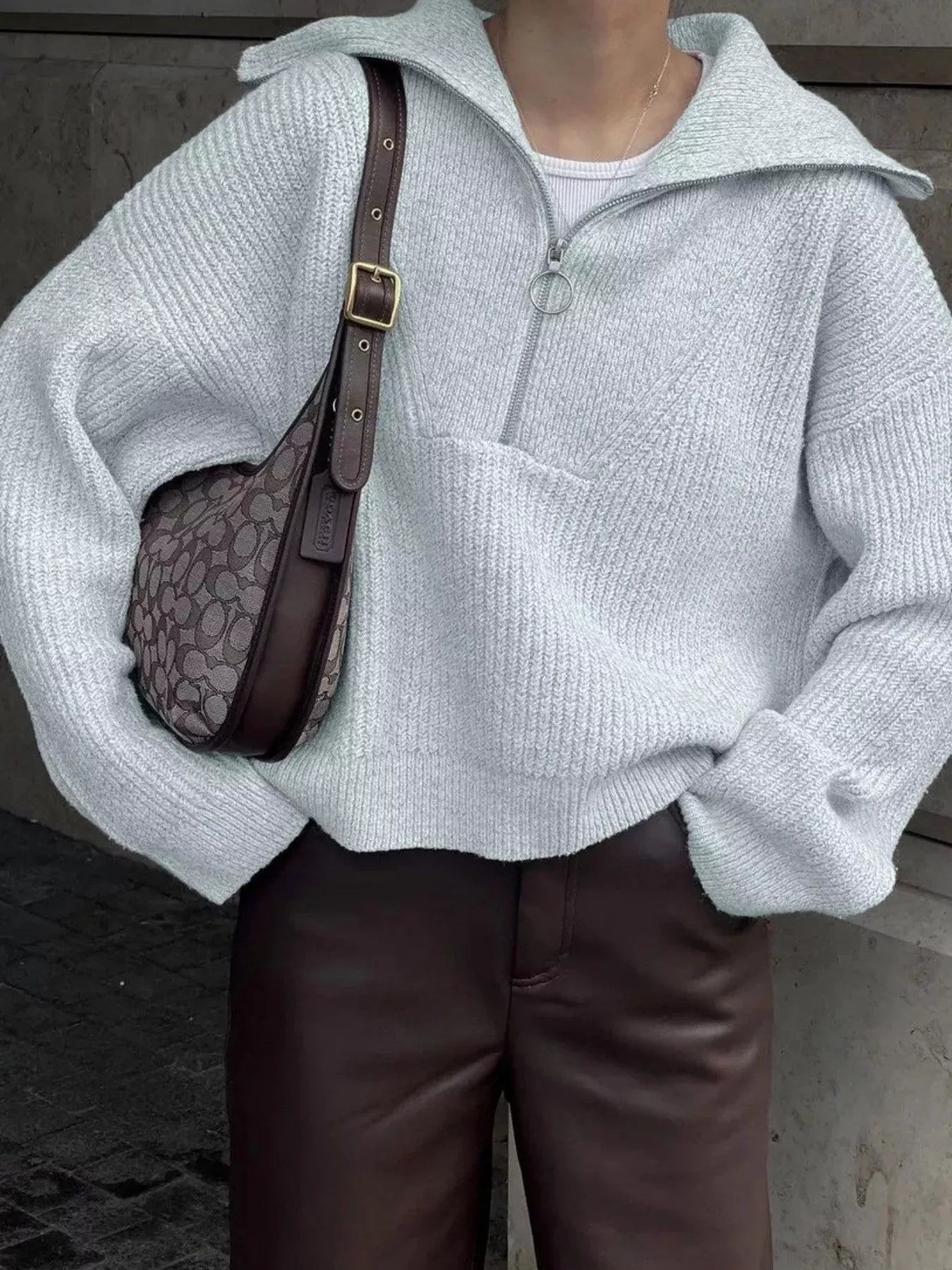 Half Zip Dropped Shoulder Sweater Gray One Size