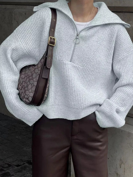 Half Zip Dropped Shoulder Sweater Gray One Size