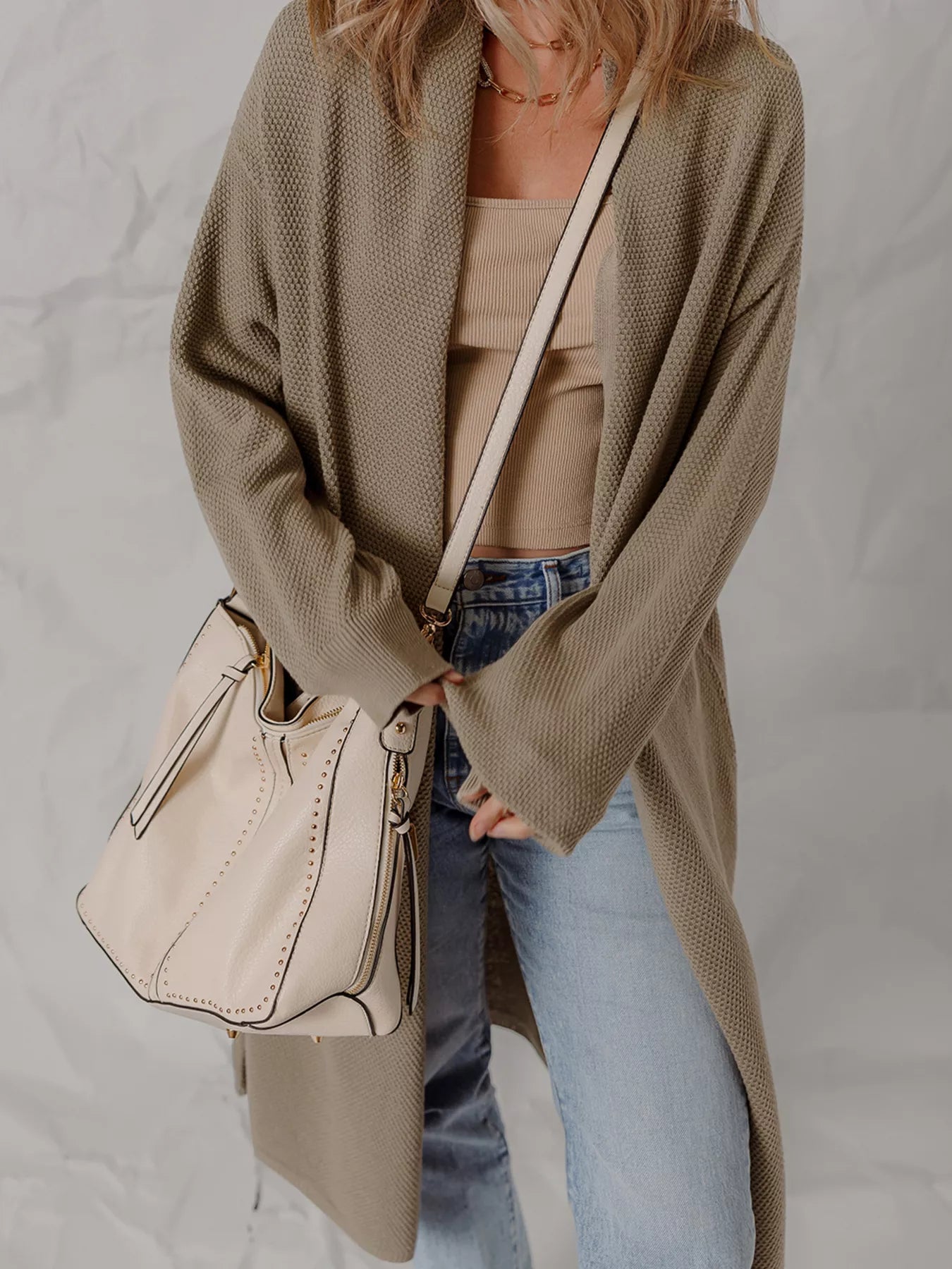 Solid Color Textured Knit Open Front Oversize Cardigan Taupe