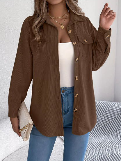 Corduroy Button-Up Long Sleeve Shacket Coffee Brown