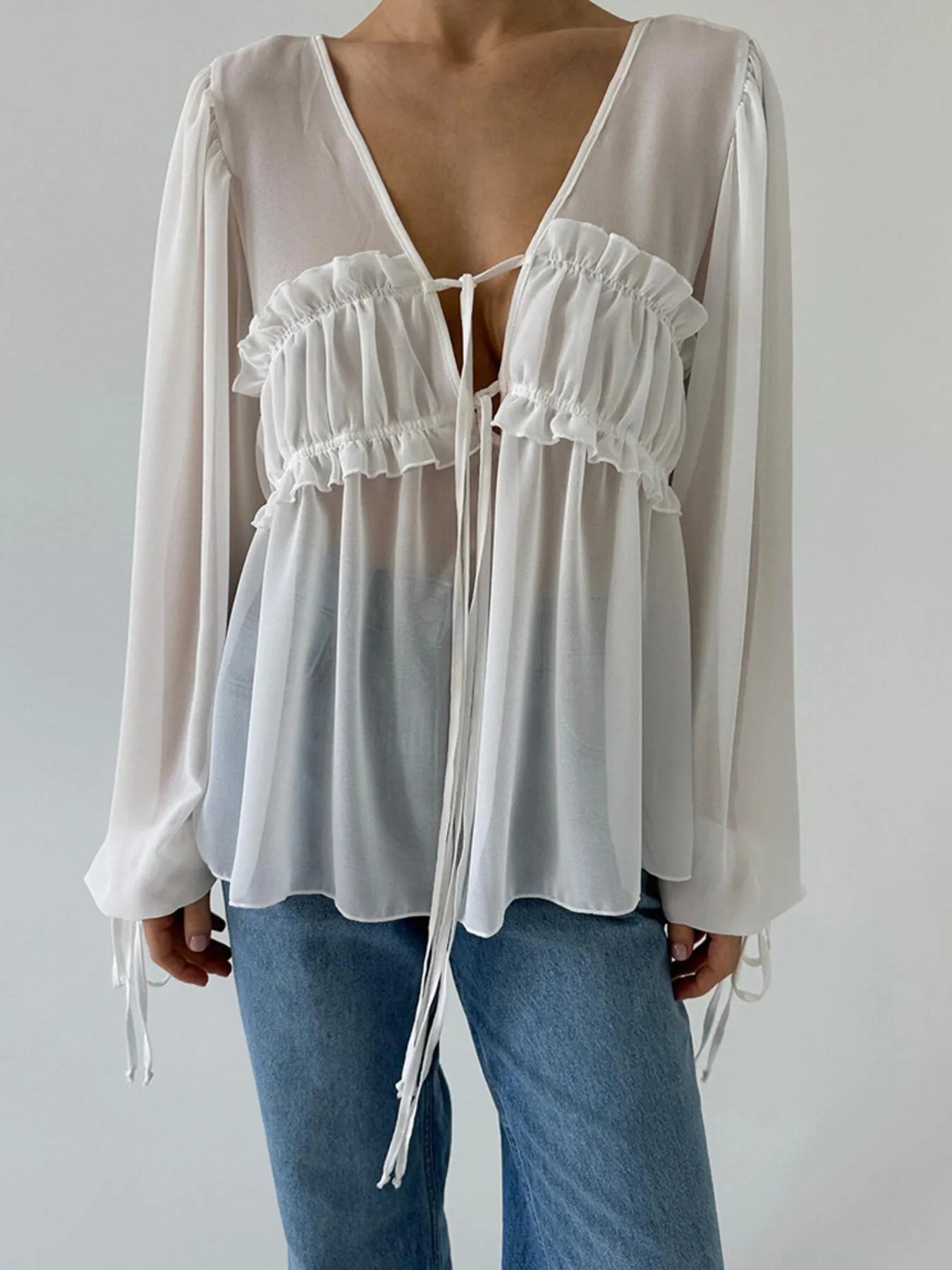 Ruffled Tie Front Long Sleeve Blouse