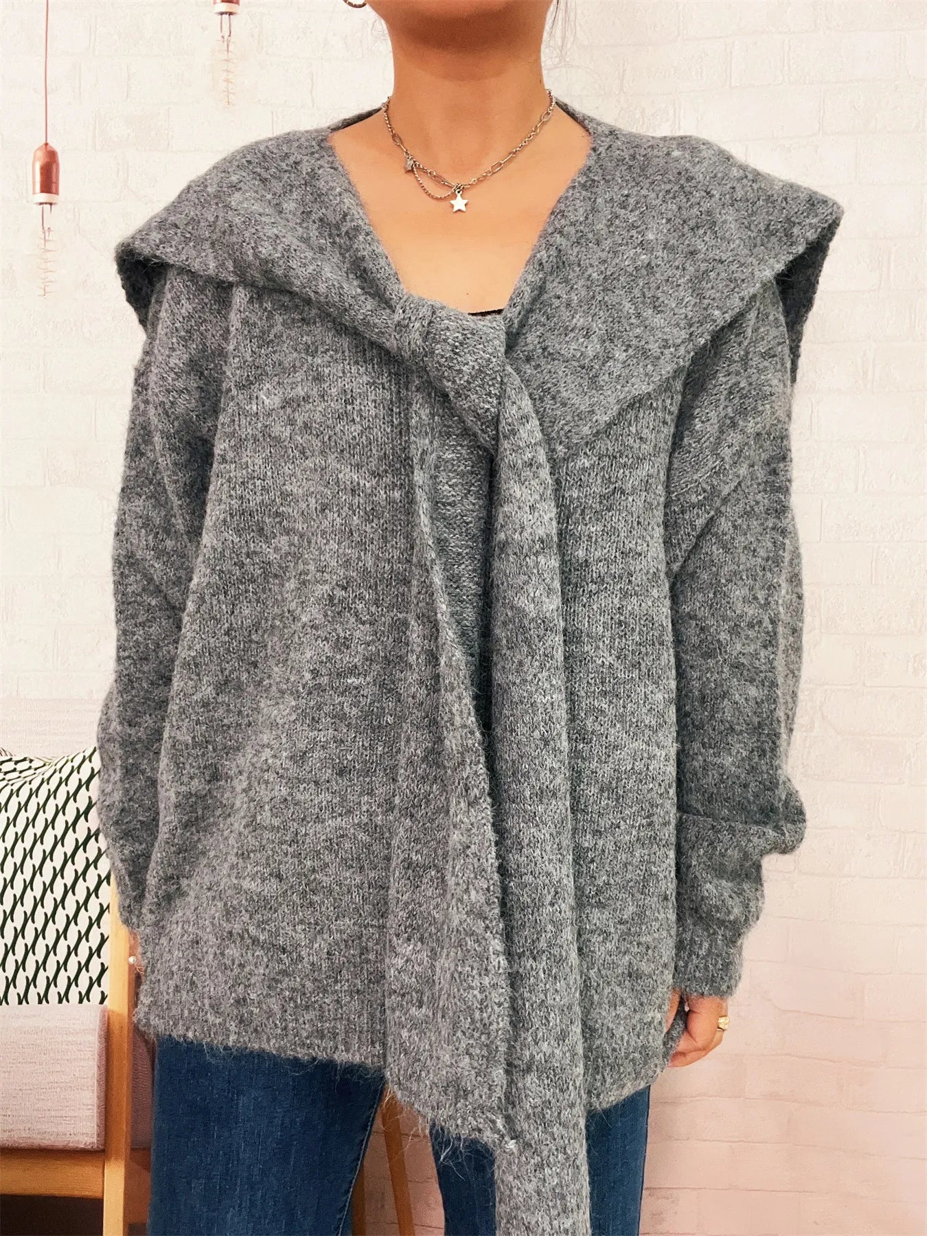Ribbed Hem V-Neck Sweater with Shawl